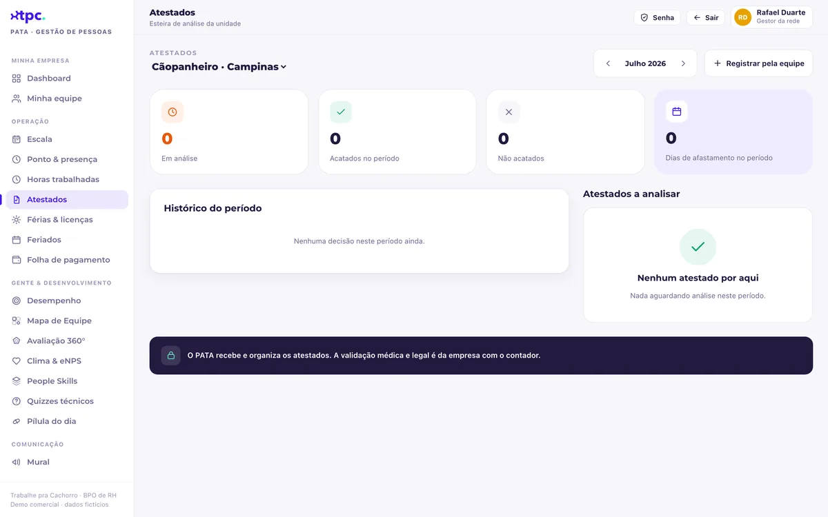 Lista de atestados no sistema PATA