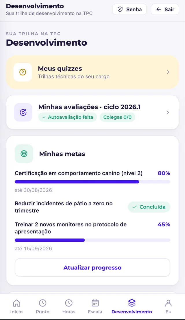 Trilha de desenvolvimento do colaborador no PATA: quizzes, avaliações e metas