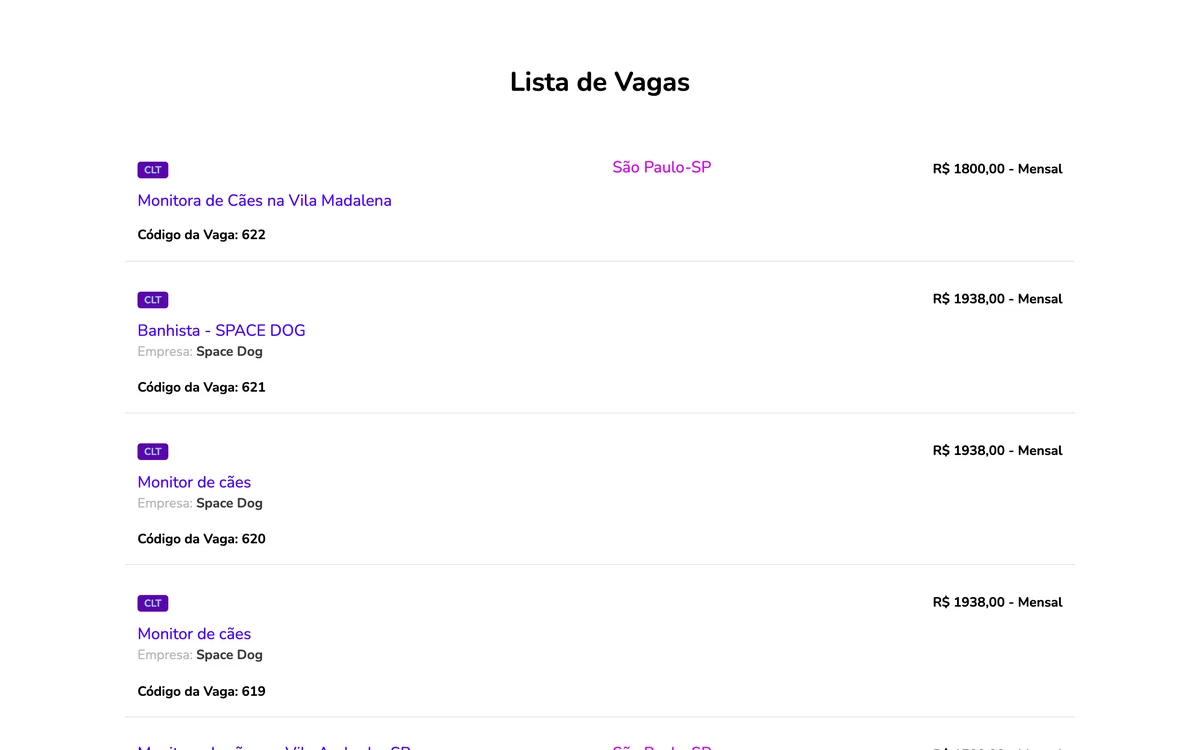 Lista de vagas abertas na plataforma de recrutamento da TPC