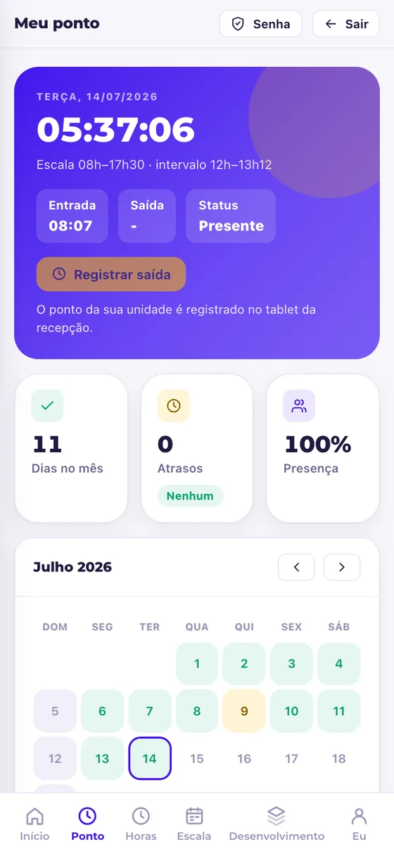 Registro de ponto no app Ponto by TPC